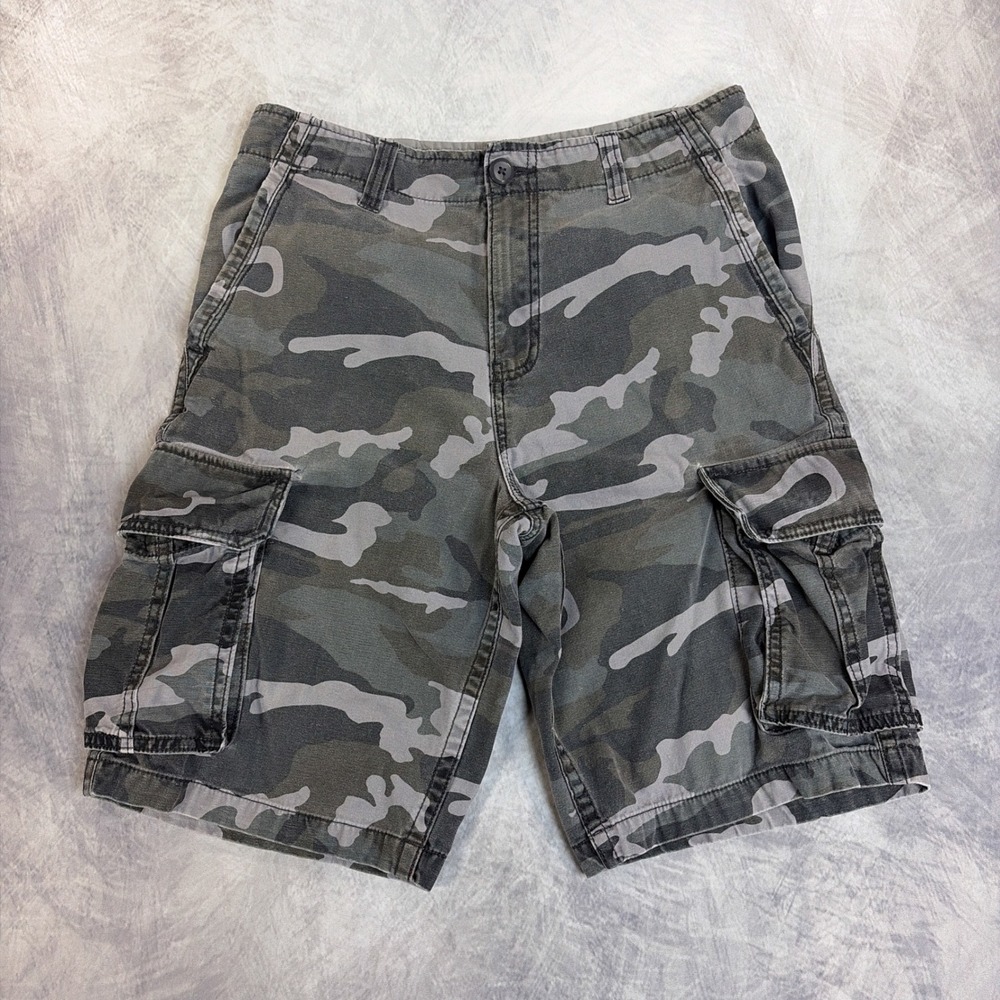 Faded Glory Cargo Shorts Mens 30 Grey Camo Multi Pocket Cotton Utility